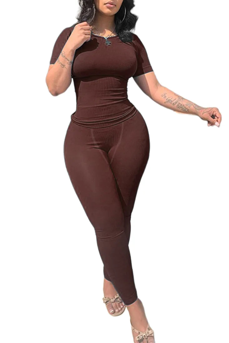 Lounge Wear Ribbed Casual 2 Piece Summer Shorts Set For Women Sleeve Top+Elastic Leggings Outfits Dark brown