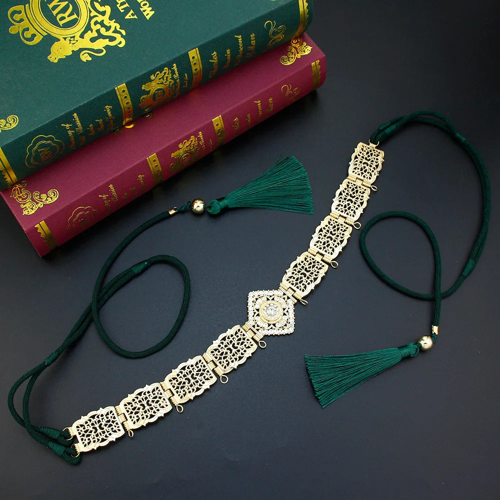 Sunspicems Thin Women Hand Rope Belt Gold Color Crystal Morocco Waist Chain Belt Caftan Abaya Body Chain Arabic Bride Jewelry 0425BTgreen