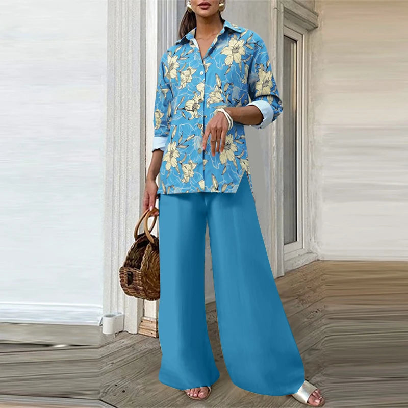 ZANZEA Autumn Vintage Pant Sets Women Fashion 2 Piece Outfits 2025 Elegant Long Sleeve Print Tops and Elastic Waist Pants 2pcs Badiee Stylez