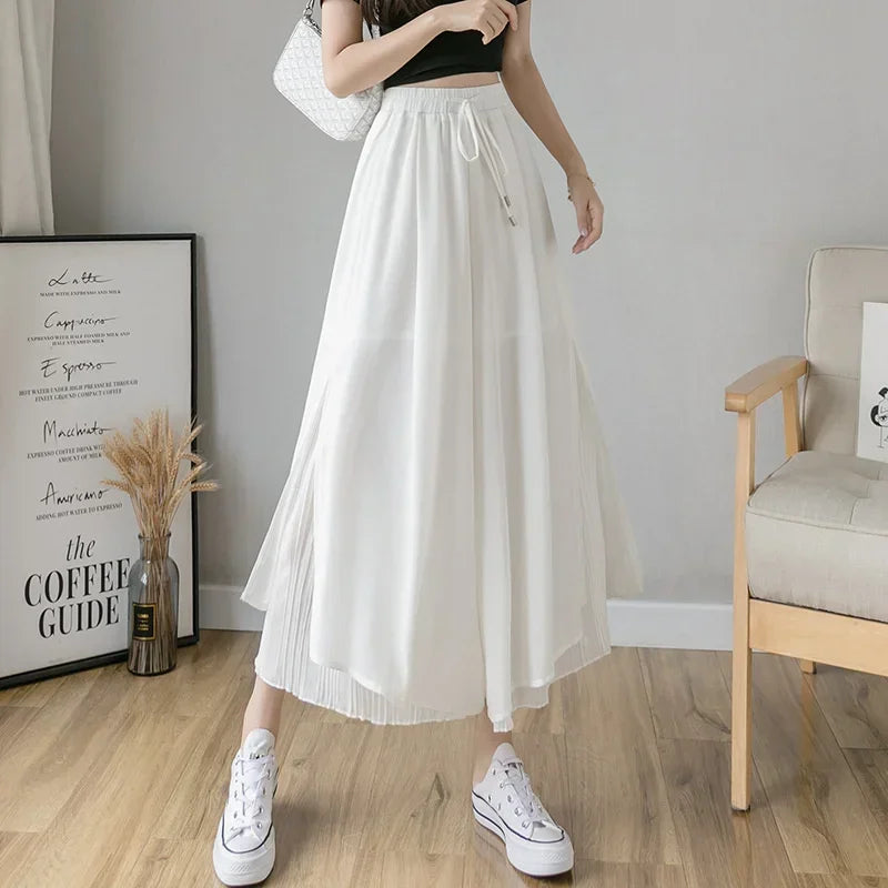 Women Pants Culottes Elastic Wide Leg Irregular Hem Double Layers Korean Trousers Summer Casual Loose Pleated Pants white