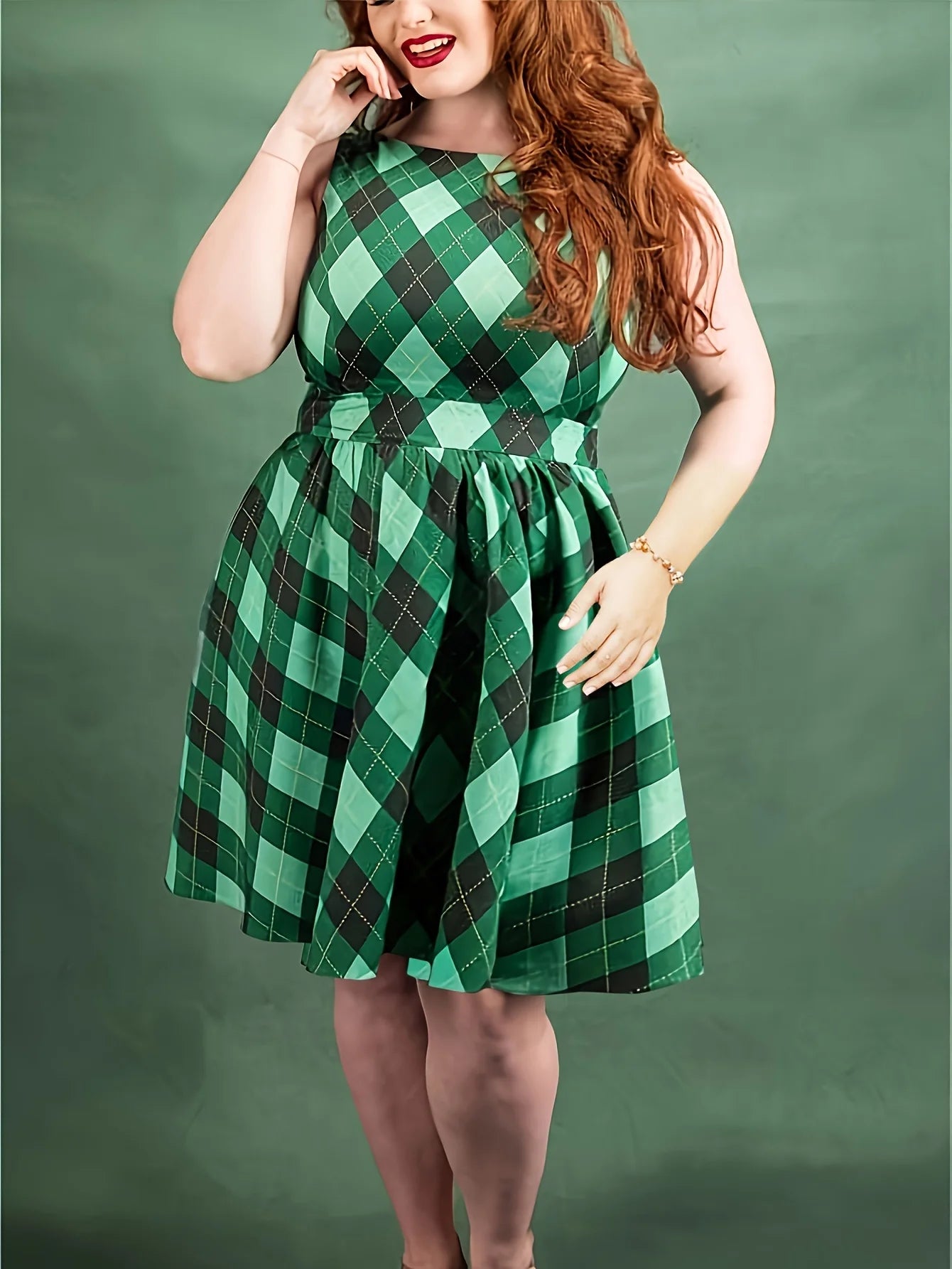 Plus Size Elegant Sleeveless Plaid Dress A-line Skirt Lightweight Fabric Back Zipper Waist Slimming Spring/Summer Party Choices green
