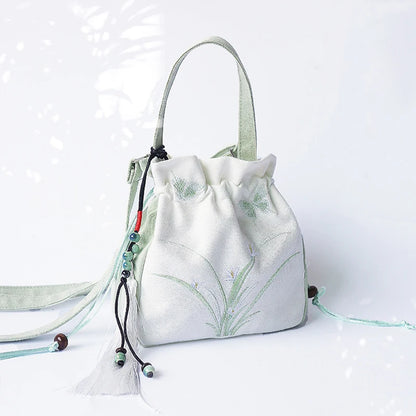 Chinese Style Women's Drawstring Bag Vintage Flower Embroidery Hanfu Handbag Street Fashion Girls Bucket Shape Shoulder Bag A