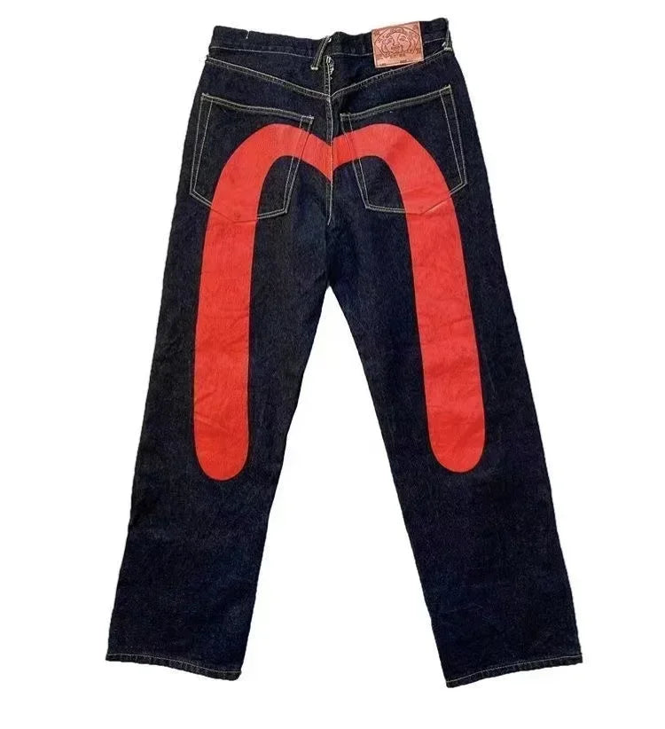 Retro 90s Japanese Style Street Personality Printed Straight DenimTrousers Y2K Rock Gothic Punk Loose Jeans Couple Clothing