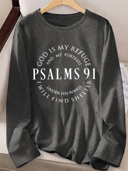 Spring and Autumn Women's 100% Cotton Fashion Casual Loose Inspirational Palms 91 Verseprint Round Neck Long Sleeve T-shirt