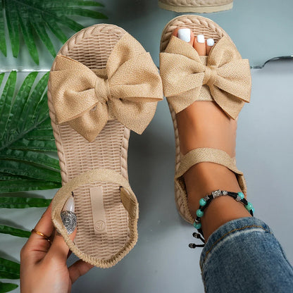 Women Sandals 2024 New Summer Lightweight Sandals Fashion Beach Casual Slippers Outdoor Bow Tie Flat Shoes Home Slides Women Khaki