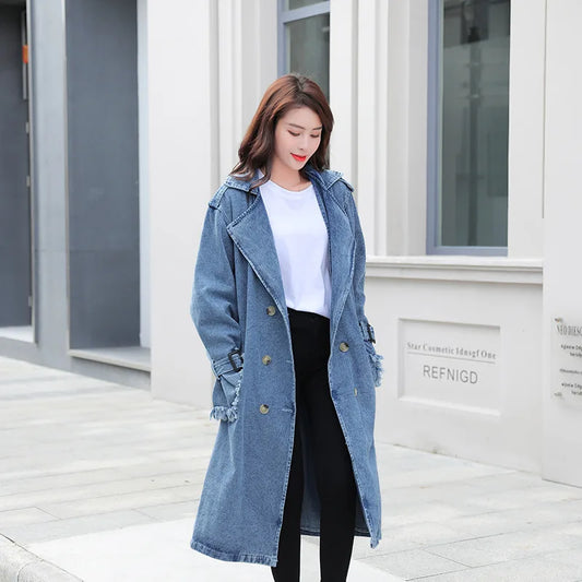 Trench Denim Coat Women Long Coats Lace Up Belt High Waist Turn Down Collar Maxi Jackets Y2k Single Breasted Elegant Autumn