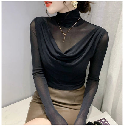 Sexy Mesh Basic T-shirts Women 2025 Fashion Turtleneck Casual Long Sleeve Y2k Tops Korean Clothes Woman Black Winter T Shirt 4XL