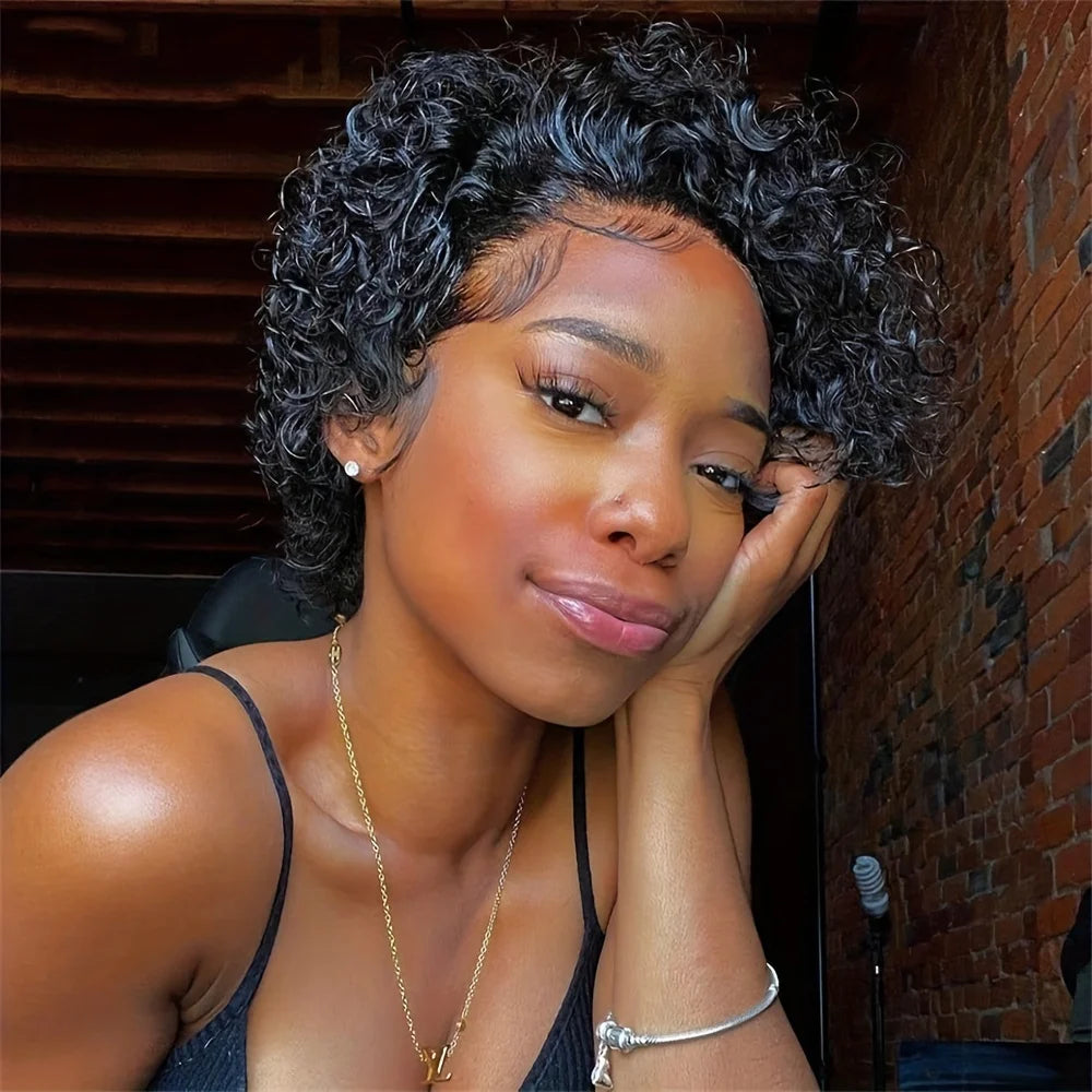 99J Short Curly Lace Front Human Hair Wigs 13X1 Pixie Cut Short Curly Human Hair Wigs Red Water Wave Wigs For Women Human Hair