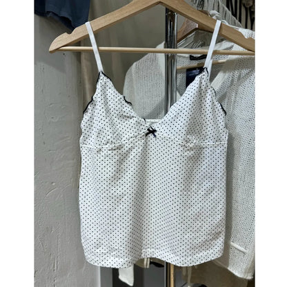 Floral Print Bow V Neck Camis Women Chic Lace Trim Sleeveless Slim Crop Tops Vest Sweet Casual Fashion Raw Hem Tank Top Y2k New White 01 One Size