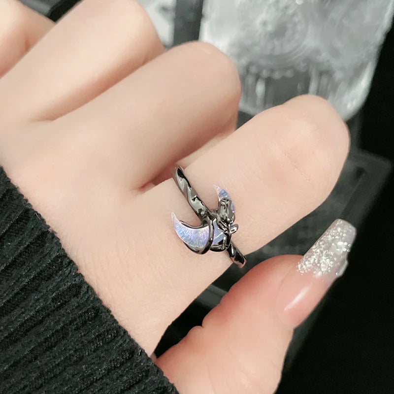 Y2K Moon Rose Ring Irregular Black Women Neo Gothic Hot Girl Design Sense Ring Anime Deep Red Moon Aesthetics Ring Jewelry Gift 01 blue