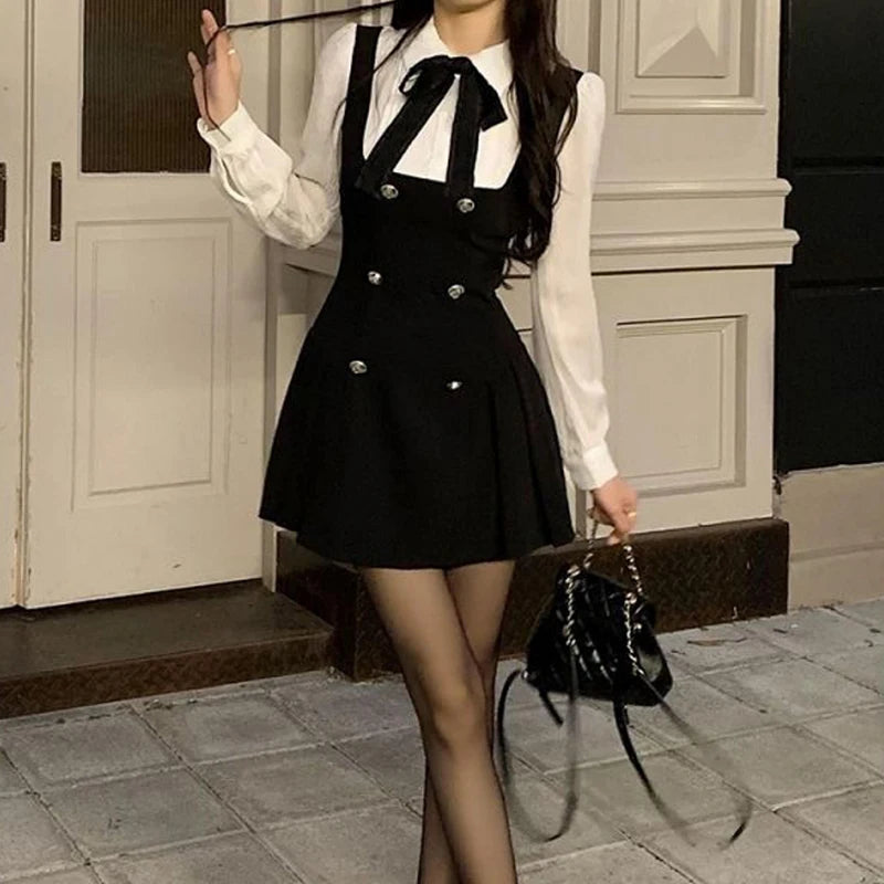 Fake Two-piece Dress Women Preppy Style Bow Buttons Long Sleeve A-line Mini Dress