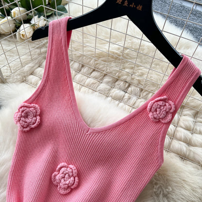 SINGREINY Knitted 3D Flower Chic Dress Sleeveless Slim Solid Elastic Sundress Women Summer Casual Fashion Bodycon Long Dresses