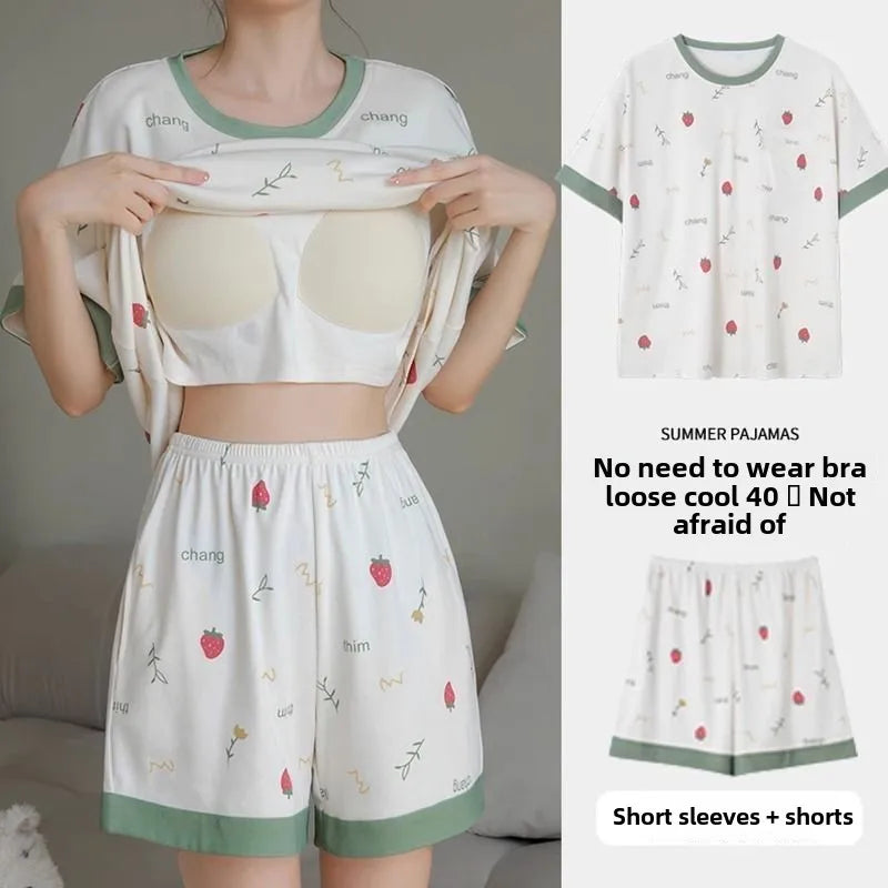 Pijama Set Women Short Sleeve Pullover Sweet with Chest Pads Cartoon Student Casual Home Plus Size Ladies Romantic Sleepwear D06