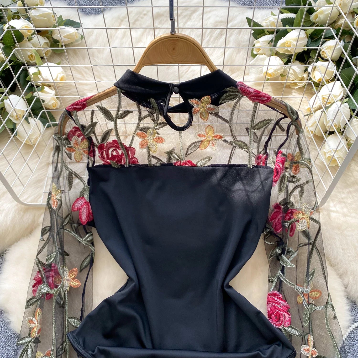 SINGREINY Vintage Embroidery Gauze Sexy Bodysuits Stand Collar Long Sleeve Playsuits Fashion Spliced Women Open crotch Rompers