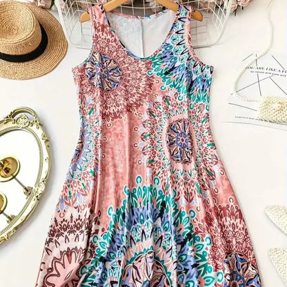 plus Size Printed Casual V-Neck Geometric Pattern Sleeveless Dress for Women PDD2405211-fen