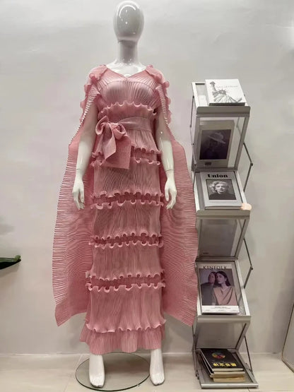 EGRM Miyake Solid Pleated French Three-dimensional Fungus Edge Cake Dress Women's Loose Long Dresses 2025 Summer New 6R8109 Pink One Size