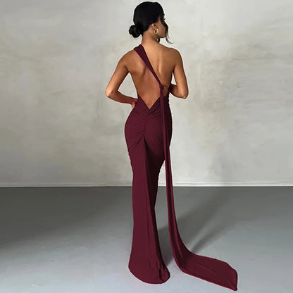 Womens Elegant Evening Party Cocktail Long Dress Sexy Backless Open Back Ruched Slim Bodycon Formal Wedding Guest Maxi Dress Badiee Stylez