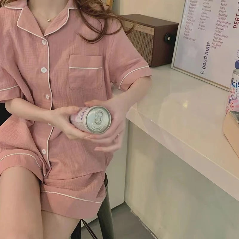 Summer Soft Cotton Linen Nightgown Women's ort Sve Home Clothes Two-Piece Set Cute Youth Polyester Fiber Thin Fabric