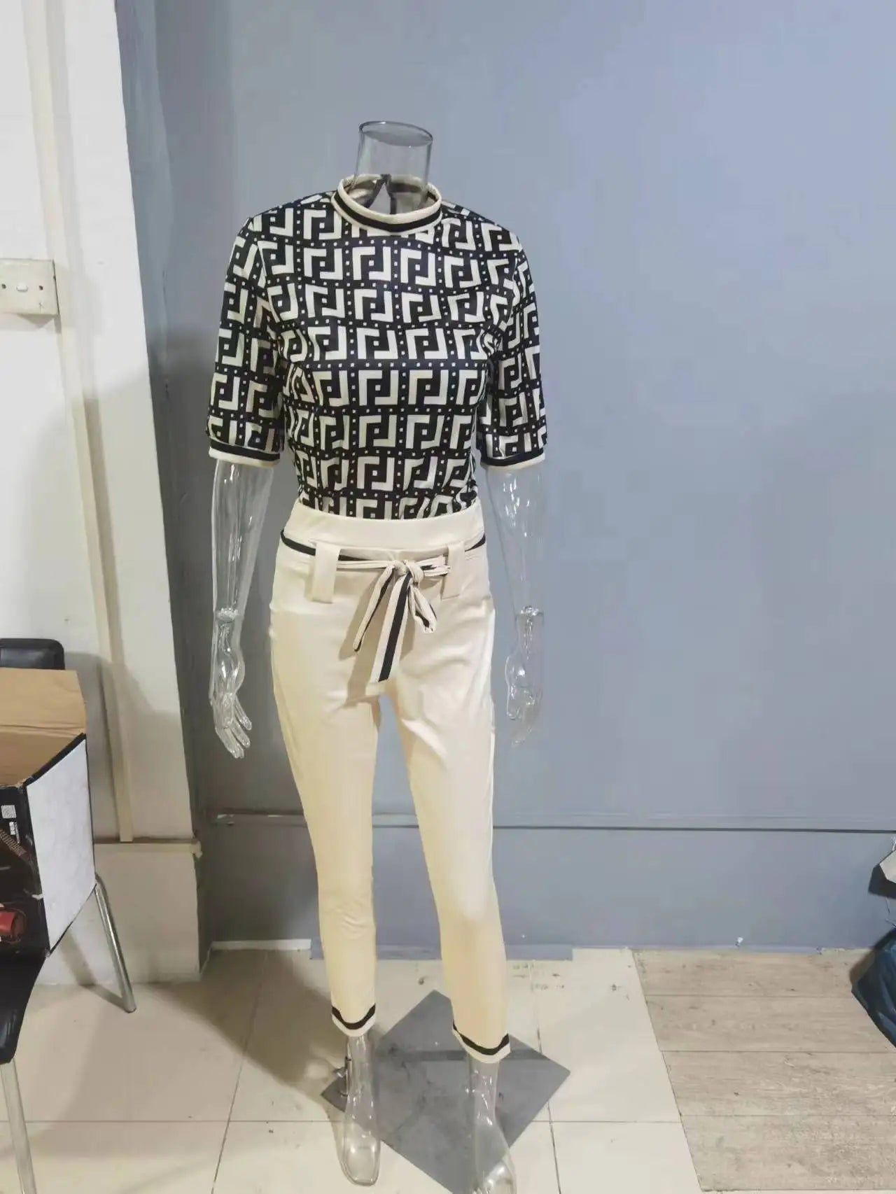 New Spring Autumn Trendy Street Trendy Seven Sleeve Fashion Printed Lace Up Waist Casual Pants Set For Women's Clothing