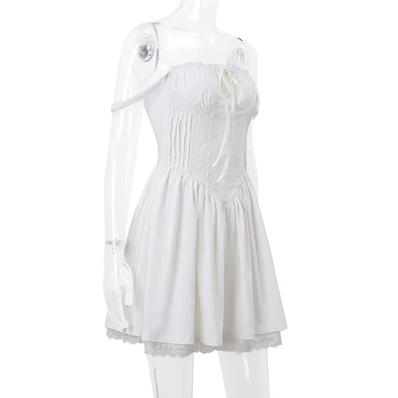 WhereMery Elegant Women Aesthetic Pleated Mini Dress Y2K White Sleeveless Square-neck Lace-up Off Shoulder Spring Party Dresses