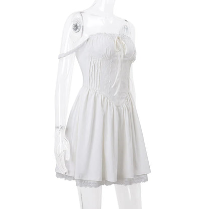 WhereMery Elegant Women Aesthetic Pleated Mini Dress Y2K White Sleeveless Square-neck Lace-up Off Shoulder Spring Party Dresses