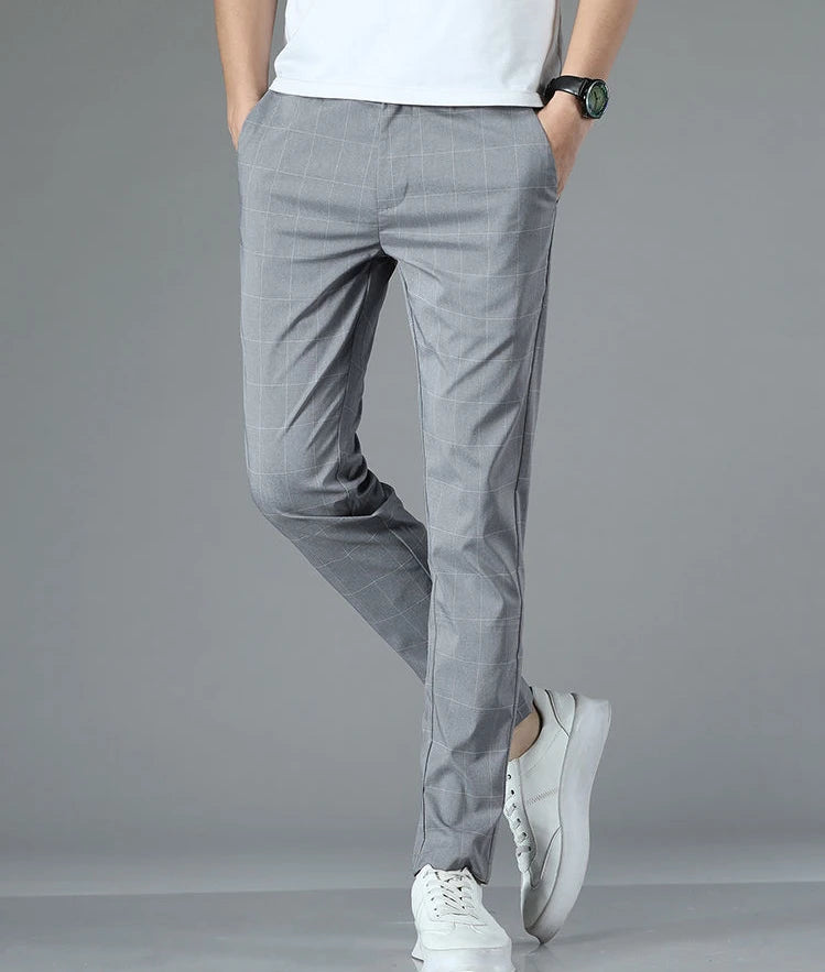 Male Suit Trousers Check Cooling Ice Silk Plaid Straight Up Clothes Offer Slacks Designer Men's Summer Pants Fabric 2024 Classic