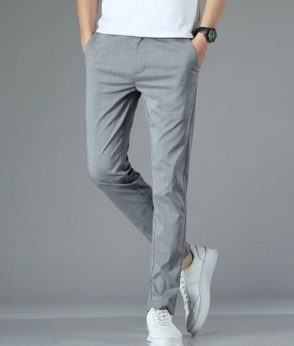 Male Suit Trousers Check Cooling Ice Silk Plaid Straight Up Clothes Offer Slacks Designer Men's Summer Pants Fabric 2024 Classic