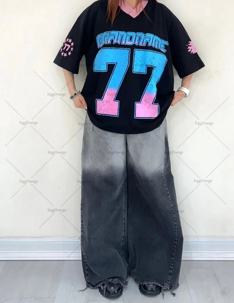 Y2K Harajuku Trendy Streetwear Top American Retro Digital Striped Print V-neck T-shirt Hip-hop Goth Casual Loose Jersey Women