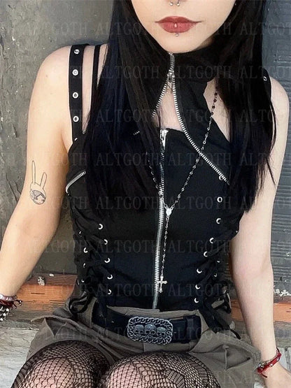 Y2k Dark Punk Gothic Corset Vest Women 2024 High Waist Bandage Crop Tank Tops Streetwear Emo Alt Harajuku Halter Rave Outfits