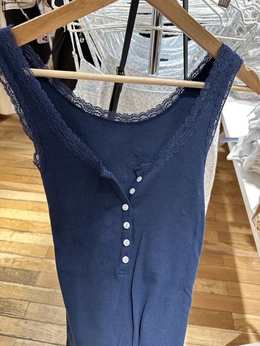 Lace Trim Solid Ribbed Tank Top for Woman Spring Buttons U Collar Sleeveless Slim Camis Simple Cotton Basic Vest Sweet Y2k Tops