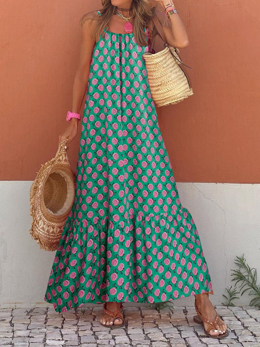 Women's Sleeveless Long Boho Dress Summer Loose Print Spaghetti Strap Flowy Dresses Bohemian Sundress Beachwear Party Coctail