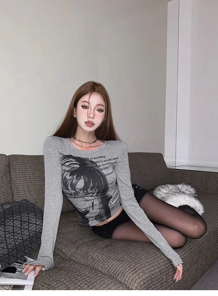 Vintage Women Y2K Clothes T-shirt Cotto Blusas O-neck Long Sleeve Tops Print Tunic Grunge Woman Clothing Fashion Casual Crop Top