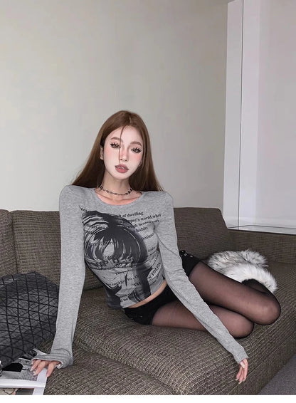 Vintage Women Y2K Clothes T-shirt Cotto Blusas O-neck Long Sleeve Tops Print Tunic Grunge Woman Clothing Fashion Casual Crop Top