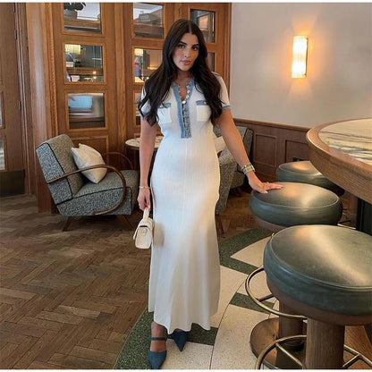 Elegant Denim Patchwork Knitted Long Dress Women Fashion V Neck Short Sleeved Buttons Bodycon Dresses Female White Pockets Robes Ivory