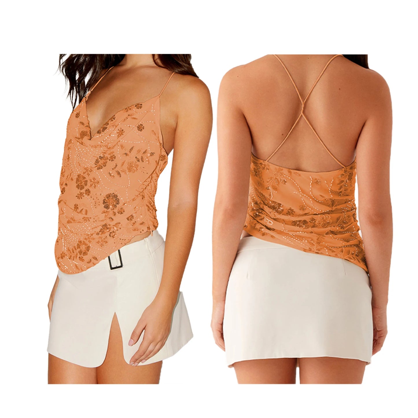 Combhasaki Women Summer Sleeveless Beading Camis Top V-neck Tie-up Cross Backless Pearl Glitter Sequin Flower Embroideried Vest Draped Orange