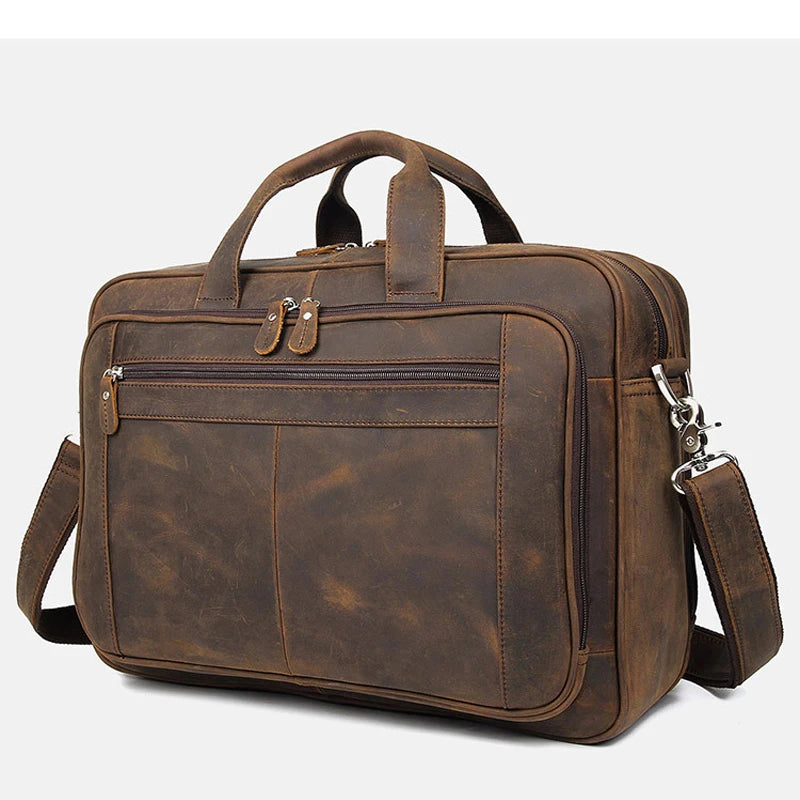 High Quality Genuine Leather Men Briefcase Business bag Crazy Horse Leather Large 17"inch Laptop Bag male Portfolio Office Case