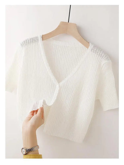 Ice Silk Knitted Cardigan Women's Summer Thin Short-sleeved Outer Wear Sun Protection Short Versatile Simple Commuter Top