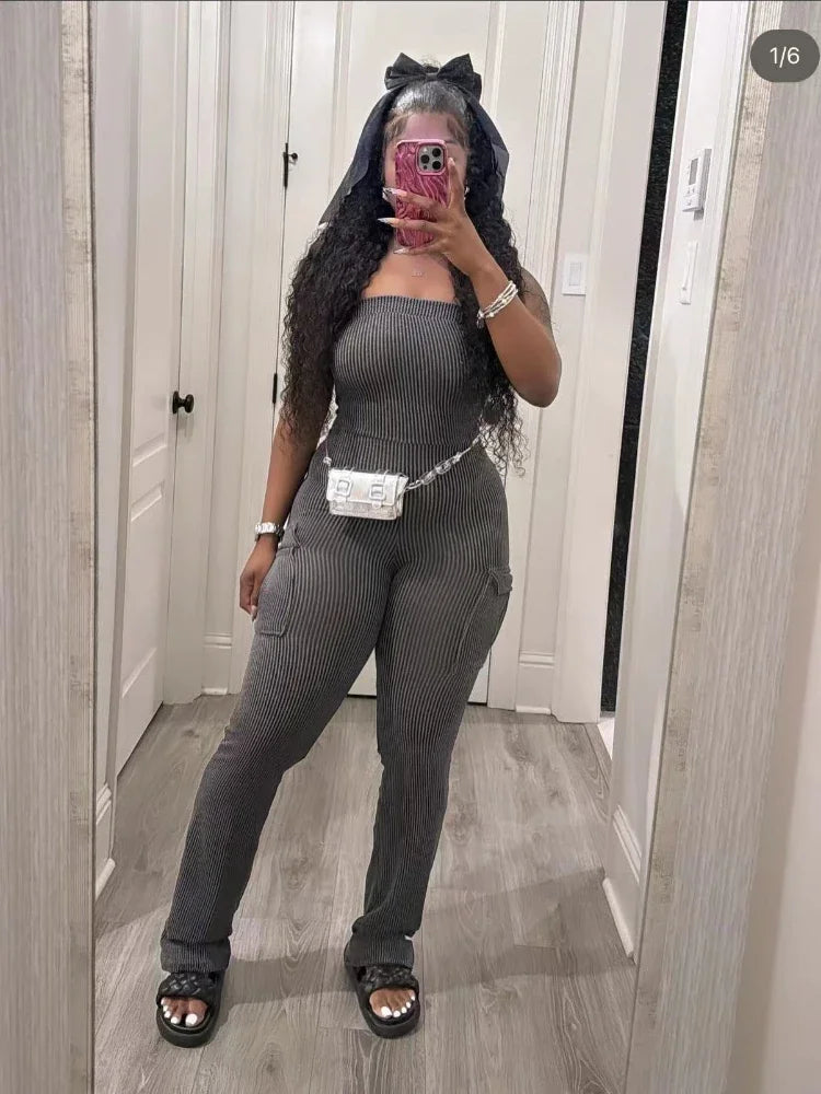 XIZOU Elegant Off Shoulder Strapless Knitted Pockets Girl Jumpsuits Women's Fitted Overalls Outfits Night One Piece Rompers