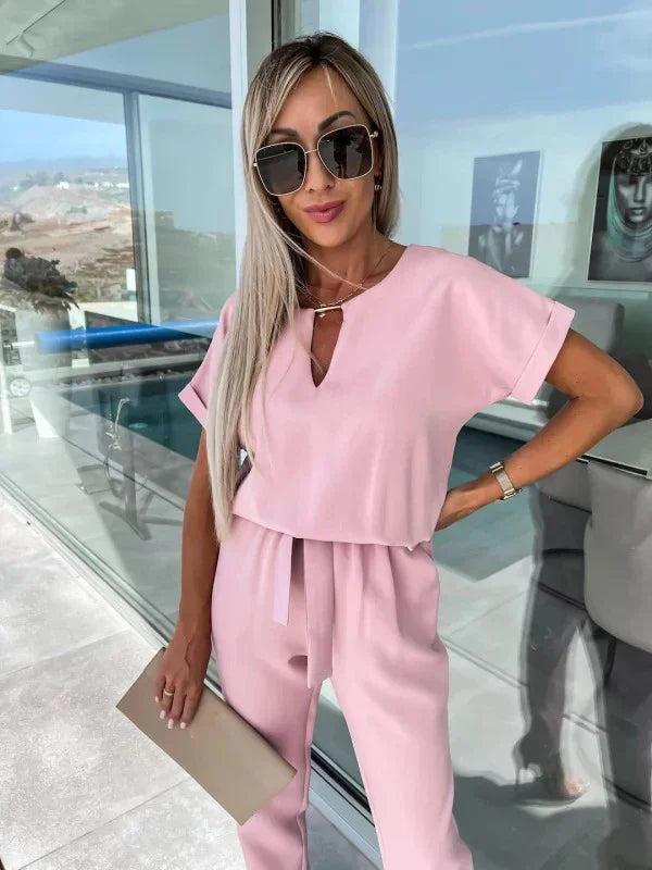Jumpsuit Women 2023 Solid Color Short Sleeve V-neck Pocket Lace-up Pencil Long Pants Jumpsuits Summer Outfits Bodysuits Badiee Stylez