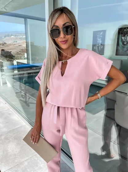 Jumpsuit Women 2023 Solid Color Short Sleeve V-neck Pocket Lace-up Pencil Long Pants Jumpsuits Summer Outfits Bodysuits Badiee Stylez