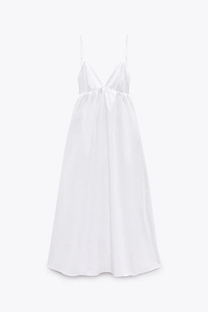 ZBZA Women's Backless Midi Dress Waistband V Neck Solid Pullover High Waisted Loose Fitting Camisole A-line Skirt New Chic Dress