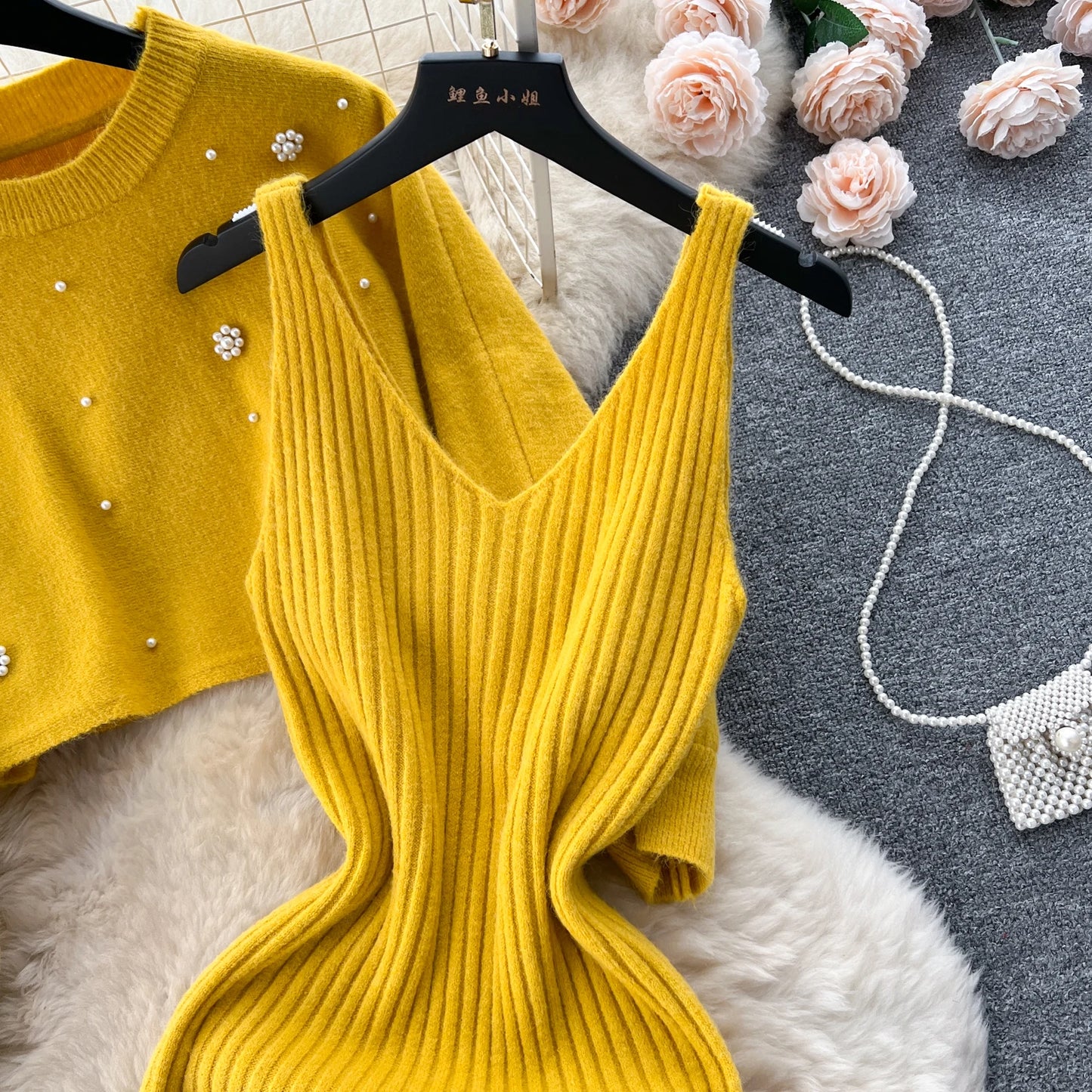 SINGREINY Beading Casual Two Piece Set Women Long Sleeve O Neck Pullover Midi Dress Fashion 2023 Winter Sweater Suit Dresses Badiee Stylez