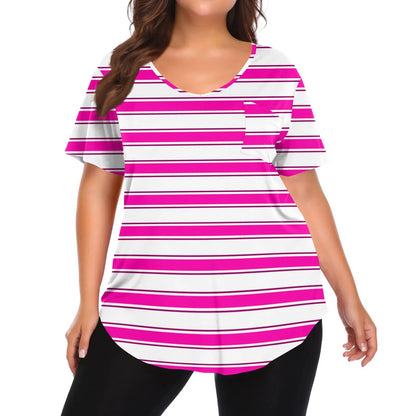Plus Size Casual striped T-shirt For Women V neck short sleeves Loose Tops With Pocket Summer Daily Casual Plus Size Women's Top Hot Pink