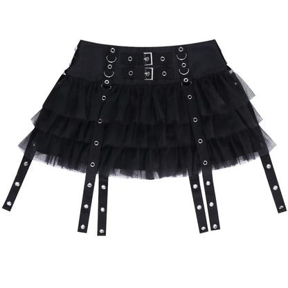 Y2K Street Dark Devil Cloth Strip Pleated Skirt Metallic Buckling Lace Layer Cake Short Skirt Women‘s High-end Design Sex Skirt