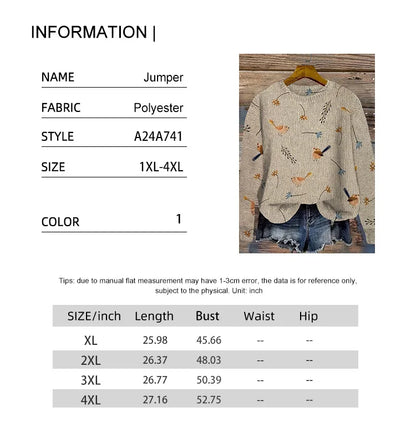 plus Size Bird Print round Neck Pullover Sweater Elegant Long Sleeve Autumn Spring New 2024 Women's Fashion