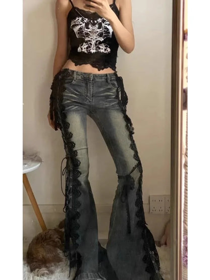 Retro Eyelets Lace Up Flare Jeans Stitch Lace Whiskers Low Rise Split Bootcut Pants Women Bell Bottoms Streetwear Y2k Aesthetic