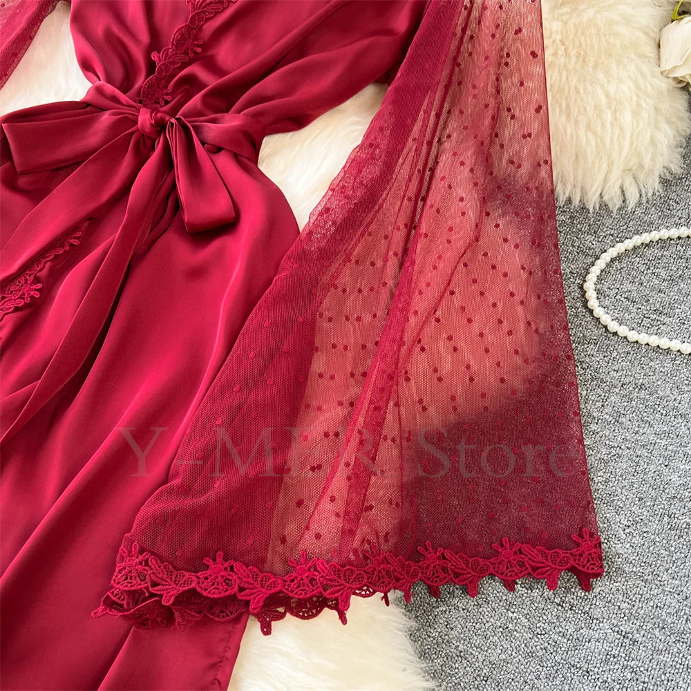 Sexy Embroider Edge Lady Kimono Bathrobe Dress Gown Mesh Sleeve Wedding Long Robe Sleepwear Loose Silk Satin Nightwear Lingerie