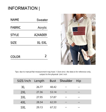Plus Size Women Fashionable Loose Casual All-Match Sweater With Flag Print Flag Graphic Long Sleeve Sweater Knit