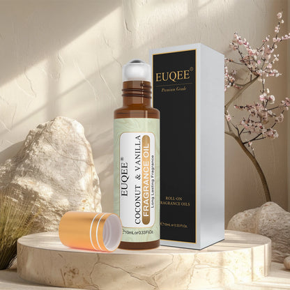 EUQEE 3PCS Fragrance Oils Roll-On Long Lasting Scent Coconut & Vanilla White Musk Baby Powder Fresh Linen Oud Wood Amber Romance
