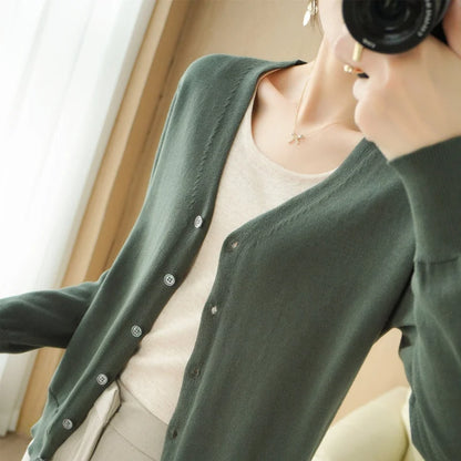 100% Cotton Line Long Sleeve V-Neck Knitted Cardigan Women Loose Short Solid Color Simple Sun Protection SMY K61
